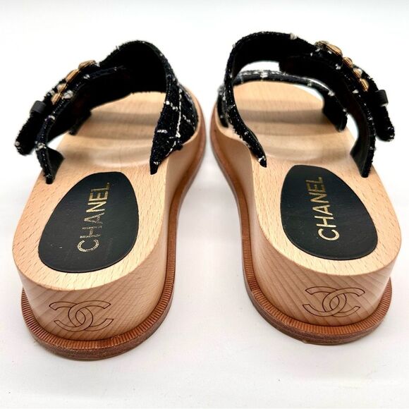 Chanel CC Logo Tweed Flat Wooden Slip -On Mules Sandals In Black  EU 39 US 8-8.5 - Picture 5 of 11